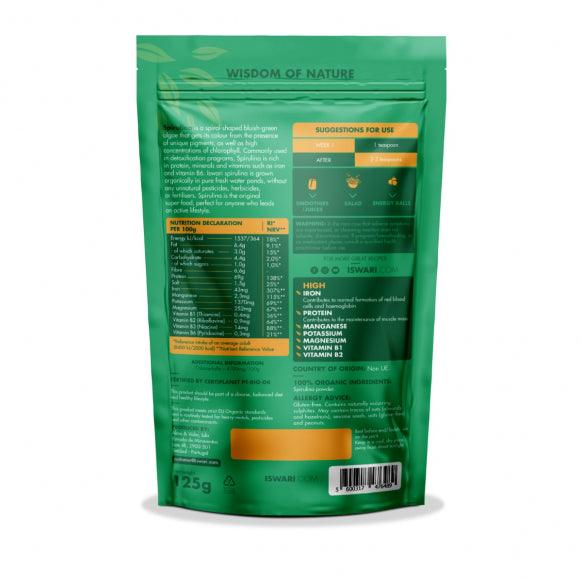 Iswari BIO Spirulina Powder supplement in 125g package, featuring vibrant green powdered spirulina on a white background.