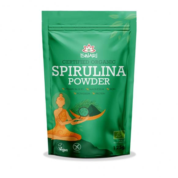 Old Products Iswari BIO Spirulina Powder supplement in 125g package, featuring vibrant green spirulina powder in a clear container.
