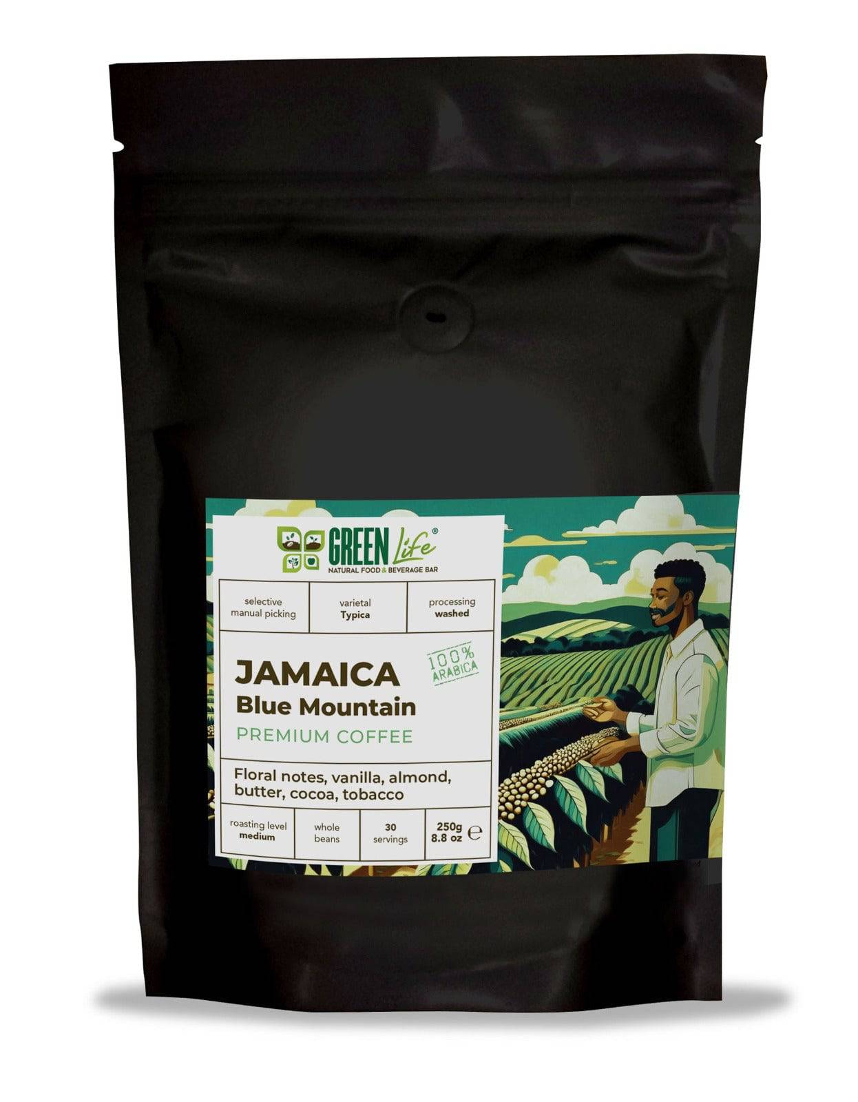 Green Life Premium Jamaica Blue Mountain Coffee by LA TOSTERIA in a 250g bag, showing freshly roasted beans and packaging.