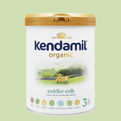 Kendamil Organic Toddler Milk Stage 3 for ages 12-36 months, in a plastic container with a scoop, by PETROUTSIOS.