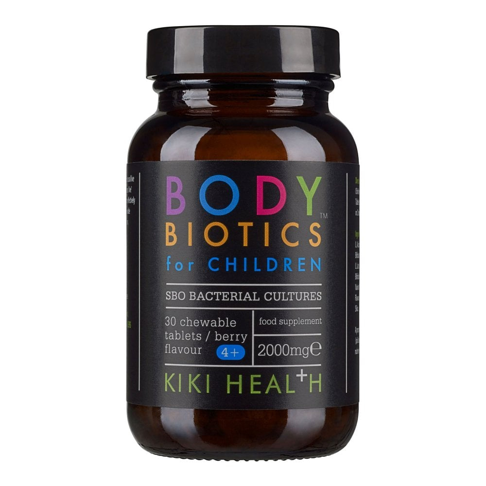 Kiki Health Body Biotic for Children real fruit gummies, herbal supplement, 30 servings, showing colorful gummy shapes in a jar.