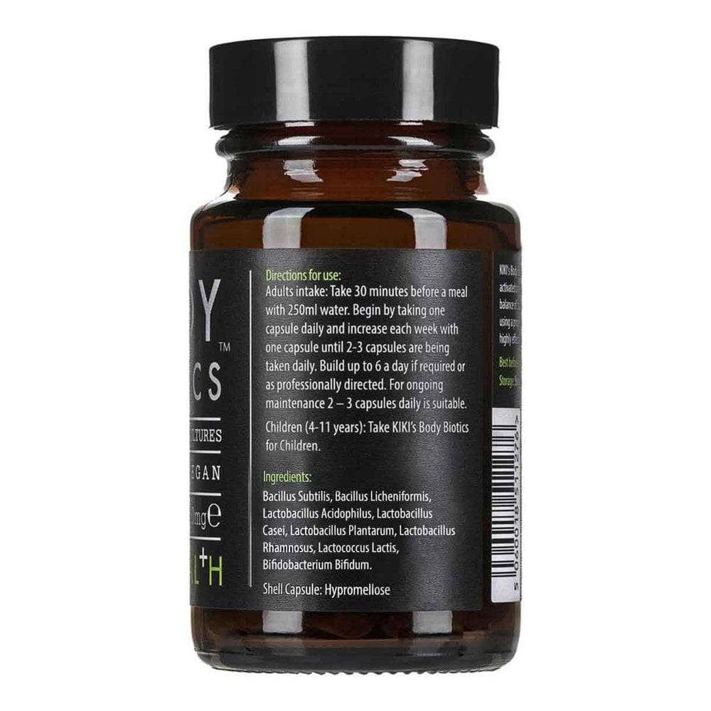 Kiki Health Body Biotics SBO Probiotic Formula supplement in 30 vegetarian capsules, supporting digestive health and gut balance.
