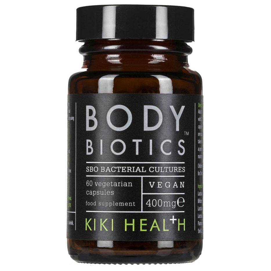 Kiki Health Body Biotics SBO Probiotic Formula supplement in 60 vegetarian capsules, supporting digestive health and gut balance.