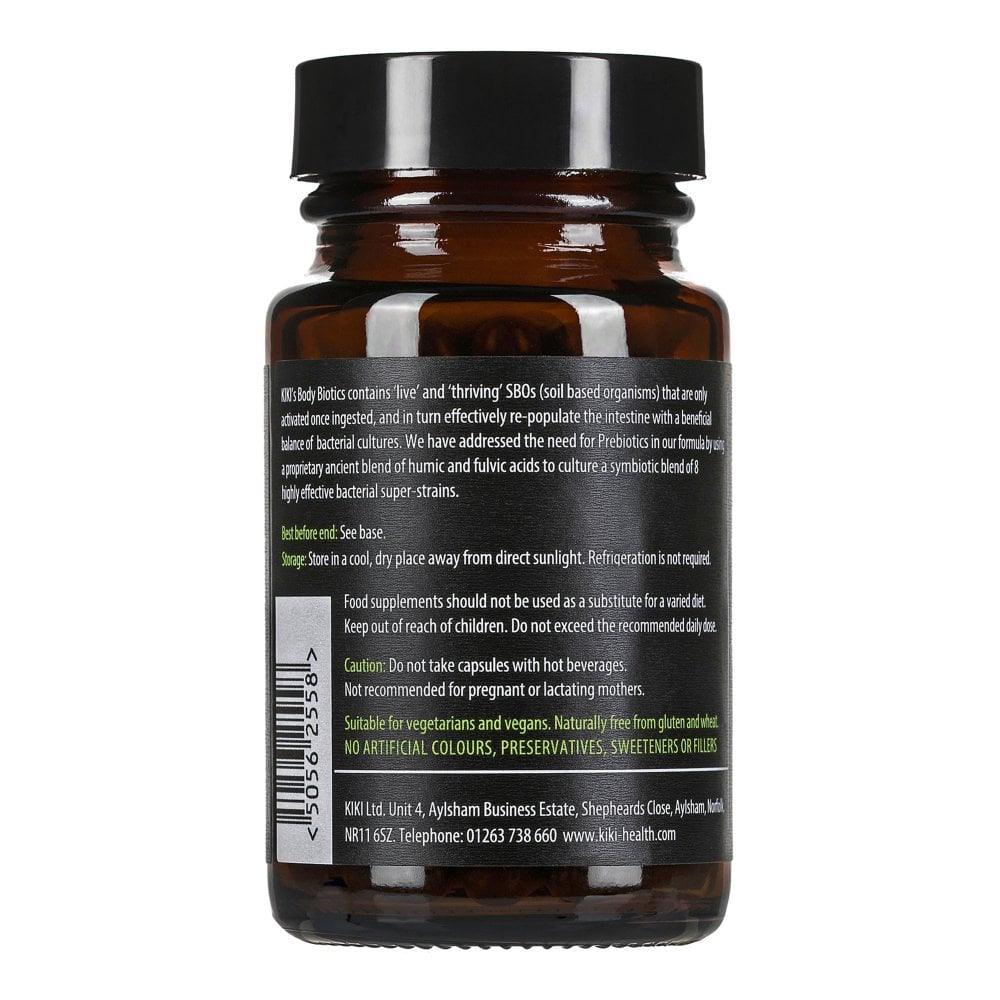 Kiki Health Body Biotics SBO Probiotic Formula supplement in 60 vegan capsules, supporting digestive health and gut balance.