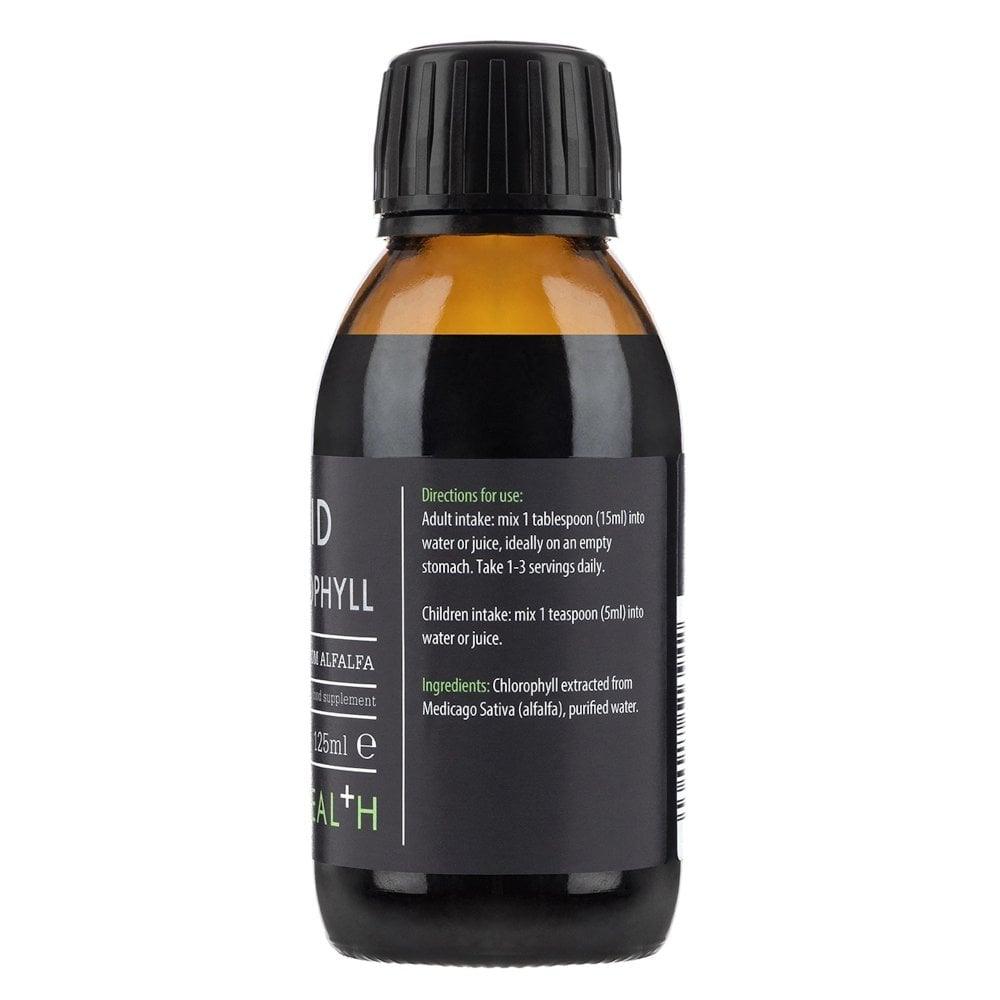 Kiki Health Liquid Chlorophyll supplement in a 125ml bottle with green liquid and dropper cap, natural herbal health product.