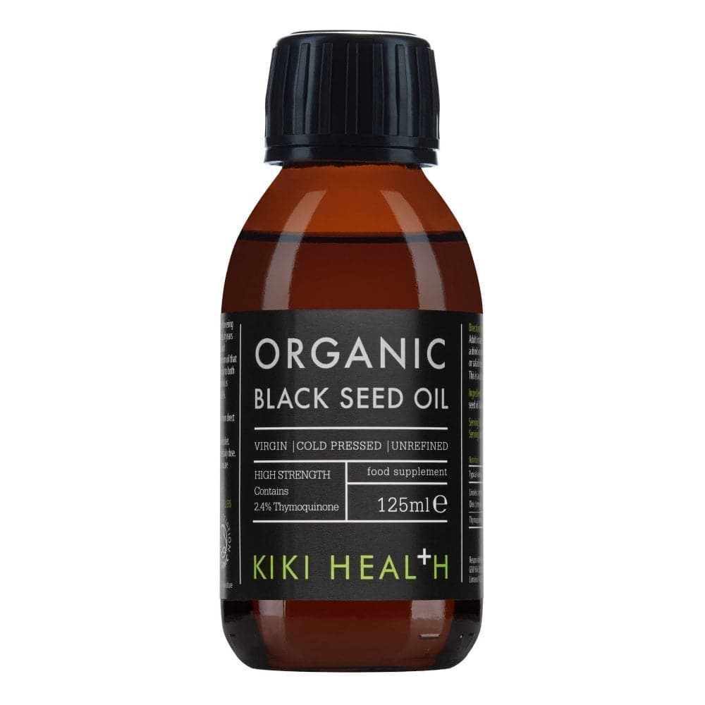 Organic black seed oil supplement by Herbalistas in a 125ml bottle, showcasing the dark glass container and label.
