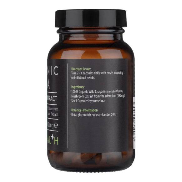 Kiki Health Organic Chaga Mushroom Extract Powder supplement in 50g package, Herbalistas brand, with capsules and powder visible.