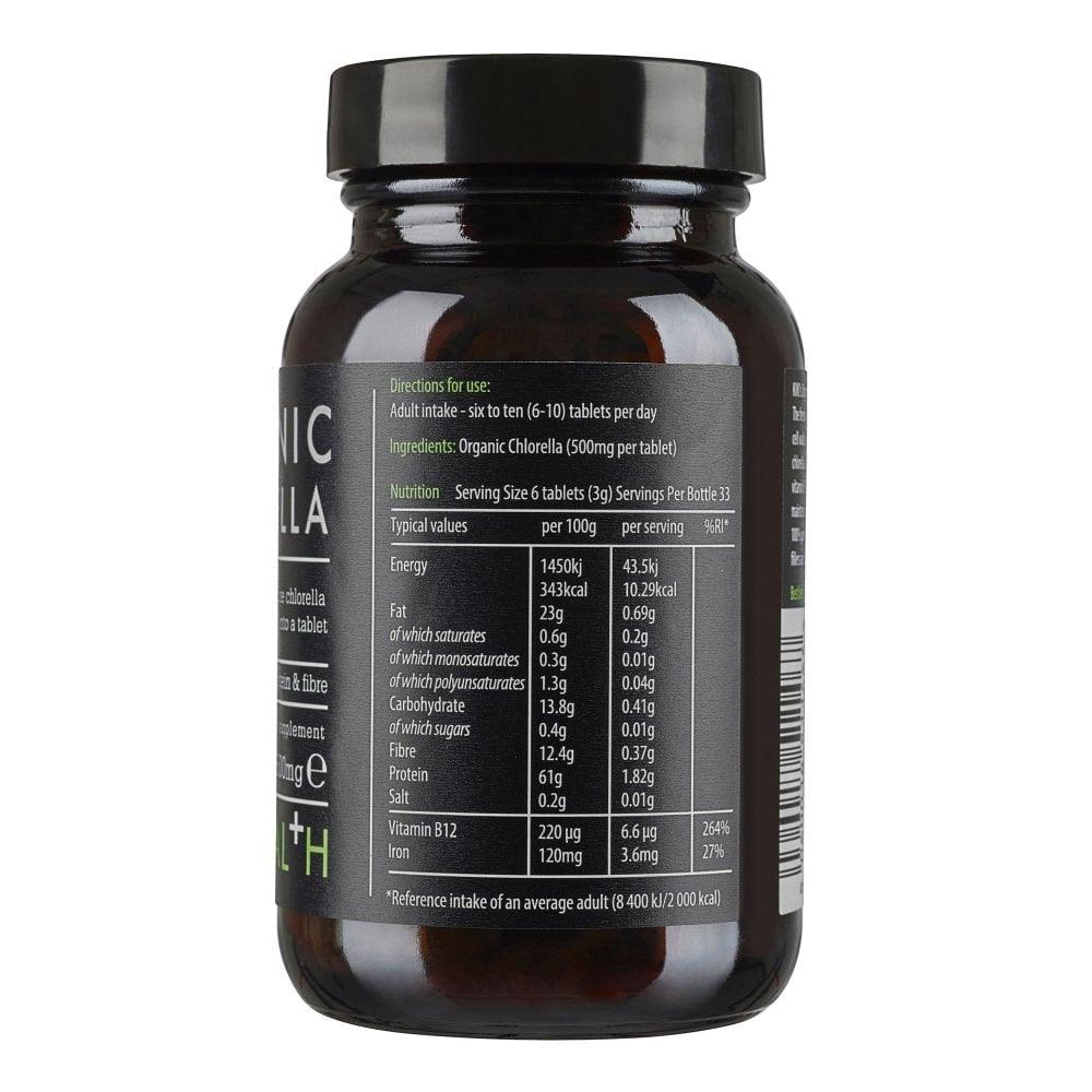 Kiki Health Organic Chlorella supplement in 200 tablets, showing green chlorella tablets from HERBALISTAS.
