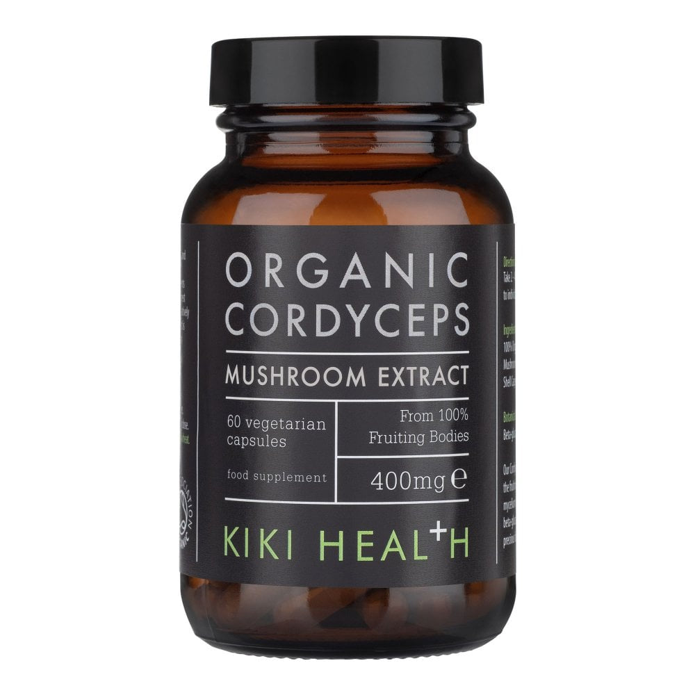 Kiki Health Organic Cordyceps Mushroom Extract supplement in 60 Vegicaps, herbal supplement for energy and stamina.