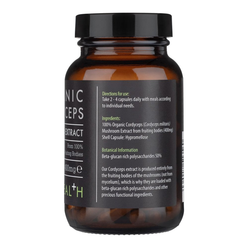 Kiki Health Organic Cordyceps Mushroom Extract supplement in 60 vegan capsules, herbal health support, natural mushroom extract.