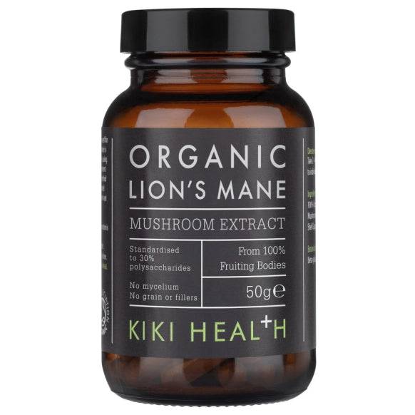 Organic Lion's Mane Mushroom Extract Powder supplement by Kiki Health in a 50g package, Herbalistas brand.