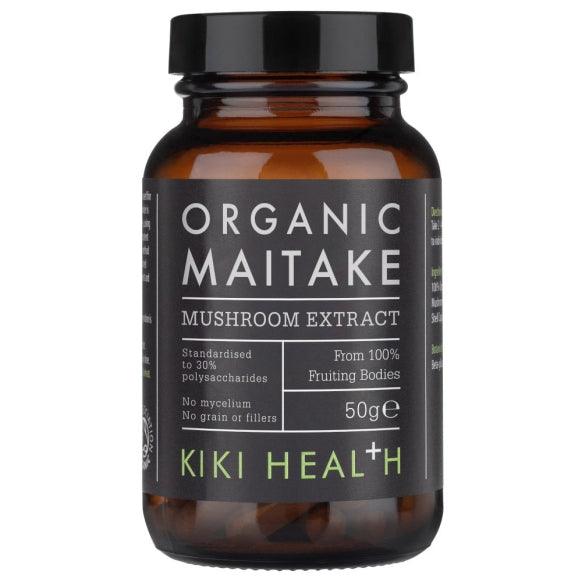 Organic Maitake Mushroom Extract Powder by Kiki Health in a 50g package, shown in a clear image with the powder inside a jar.