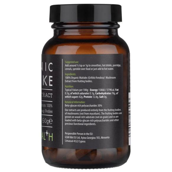 Organic Maitake Mushroom Extract Powder by Kiki Health in a 50g jar, showing the fine brown mushroom powder inside.