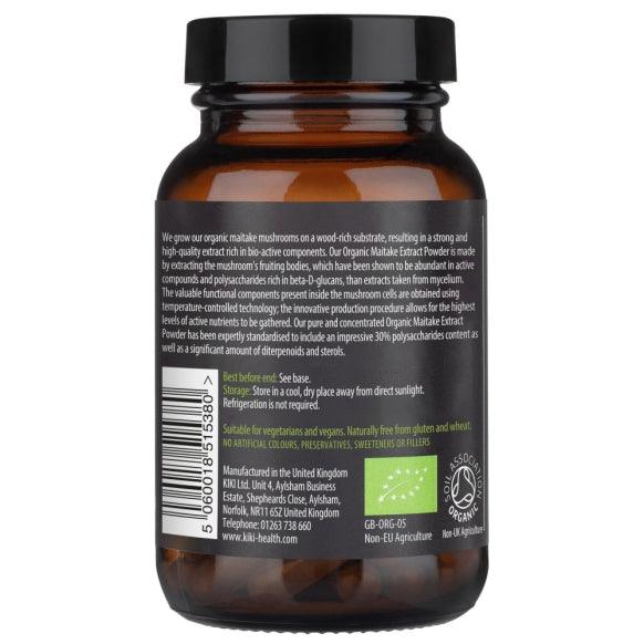 Organic Maitake Mushroom Extract Powder by Kiki Health in a 50g container, showing the fine mushroom powder inside.