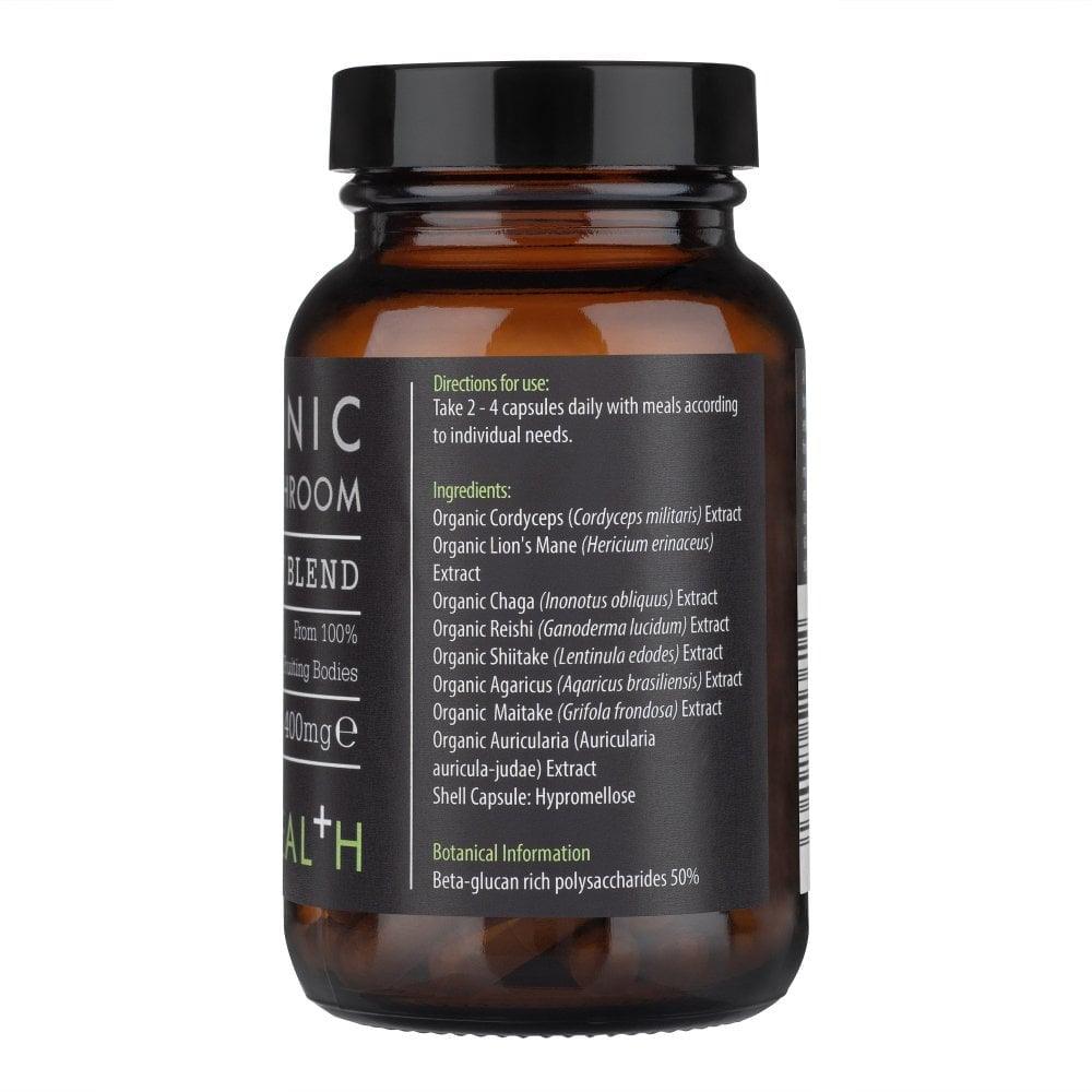 Kiki Health Organic 8 Mushroom Extract Blend supplement in 60 veggie capsules, featuring a natural herbal supplement for wellness.