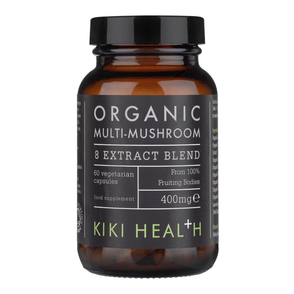Kiki Health Organic 8 Mushroom Extract Blend supplement in 60 vegetarian capsules, rich in immune-boosting mushroom extracts.