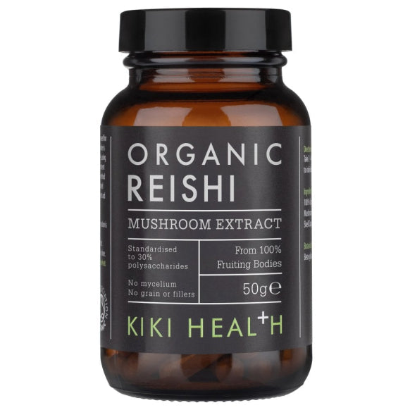 Organic Reishi Mushroom Extract Powder by Herbalistas, 50g supplement in a resealable bag with a natural earthy appearance.