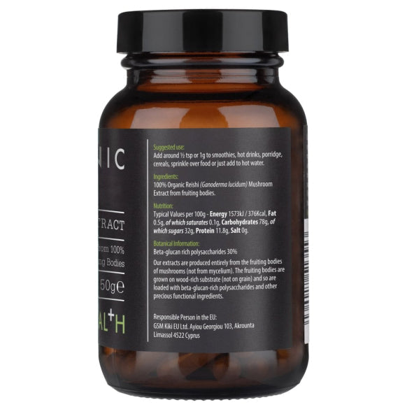 Organic Reishi Mushroom Extract Powder by Herbalistas, 50g supplement in a resealable bag with earthy packaging.