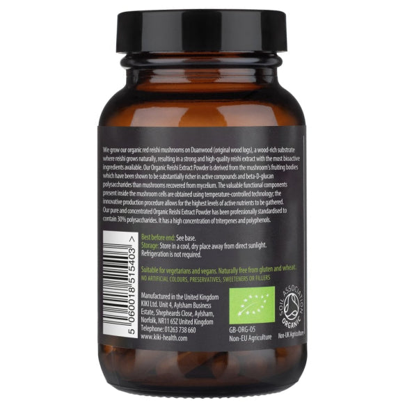 Organic Reishi Mushroom Extract Powder supplement by Kiki Health, herbal supplement in a 50g package with natural mushroom powder.