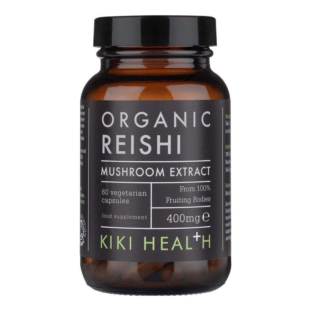 Kiki Health Organic Reishi Mushroom Extract supplement in 60 vegicaps, showing the supplement bottle with capsules inside.