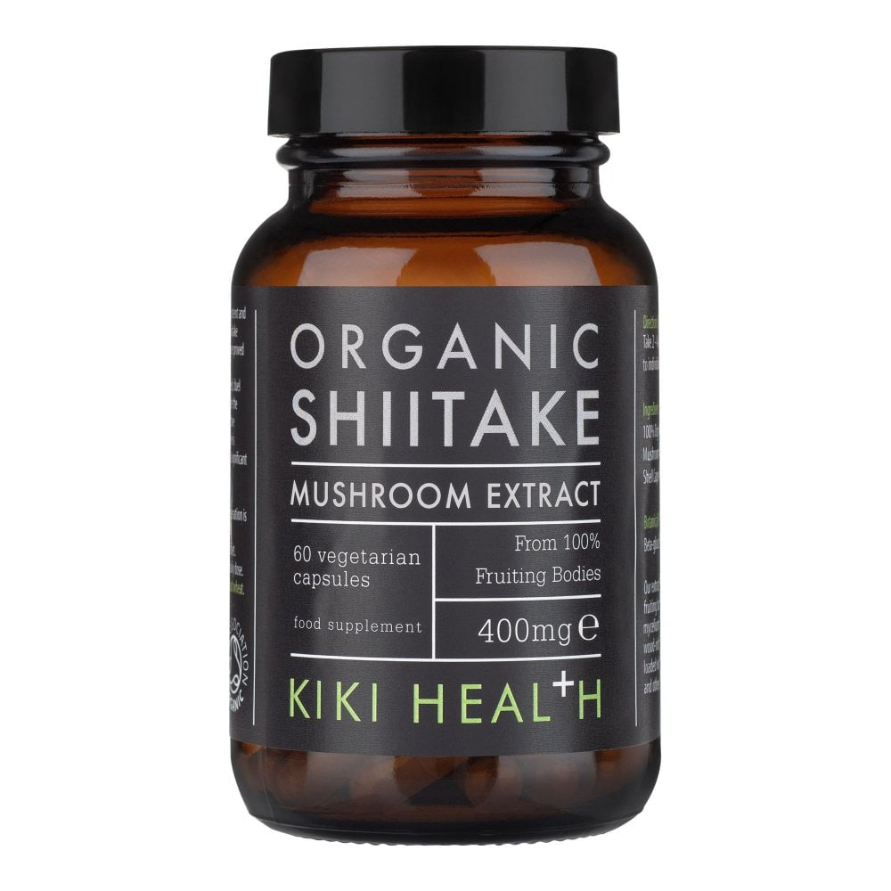 Kiki Health Organic Shiitake Mushroom Extract supplement in 60 vegan capsules, showing the bottle and capsules on a white background.