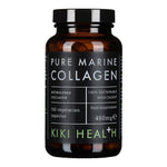 Kiki Health Pure Marine Collagen supplement in 150 vegan capsules, showing the bottle with label and capsules inside.