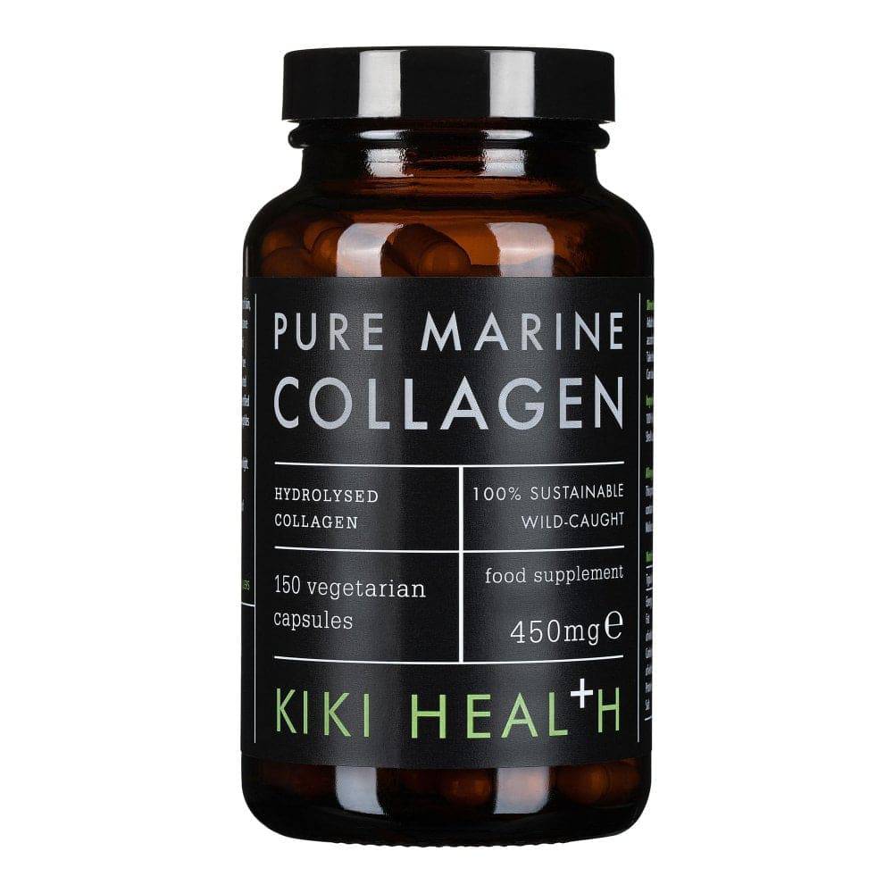Kiki Health Pure Marine Collagen supplement in 150 vegan capsules, showing the bottle with label and capsules inside.