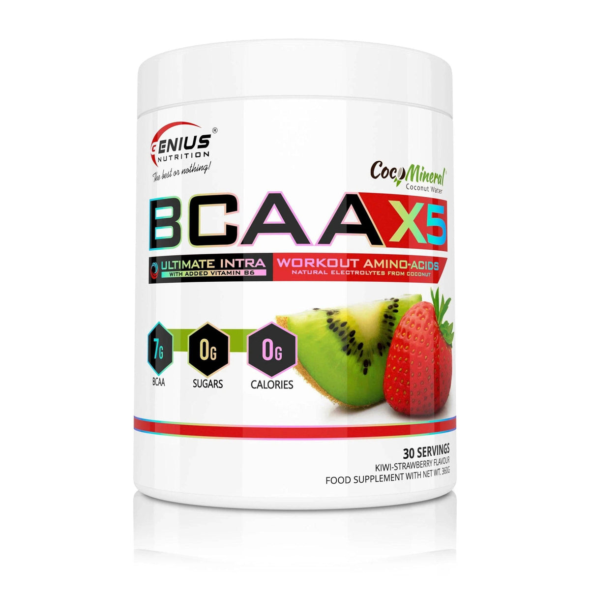 Genius Nutrition BCAA-X5 supplement in kiwi strawberry flavor, showing the 360g container and refreshing fruit flavor design.