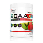 Genius Nutrition BCAA-X5 supplement in kiwi strawberry flavor, showing the 360g container and refreshing fruit flavor design.