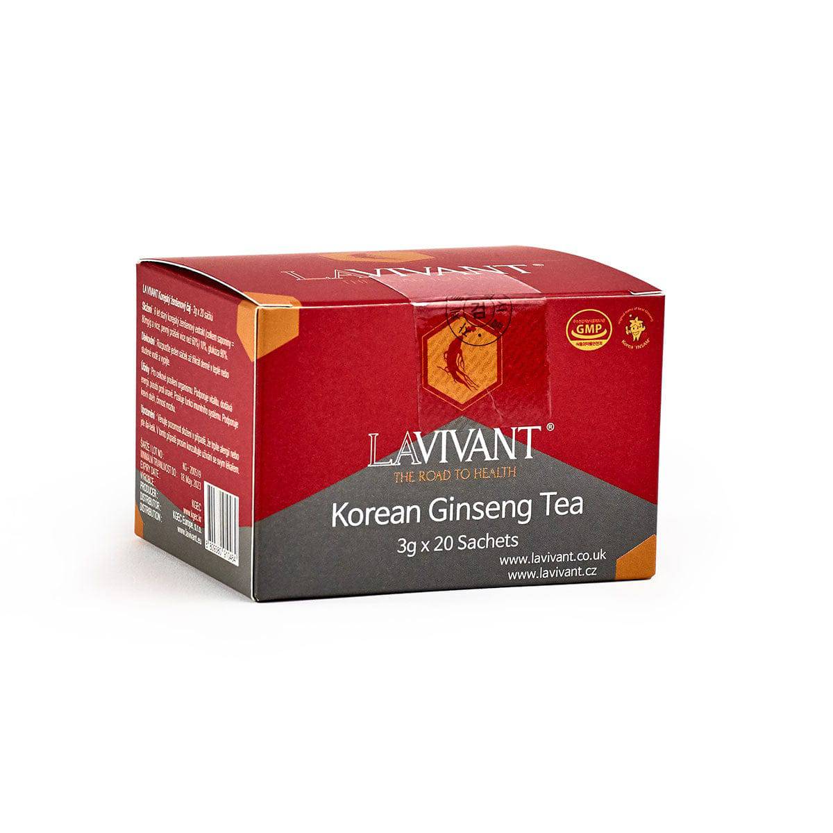 Box of Lavivant Korean Ginseng Tea sachets featuring 20 tea bags, traditional Korean herbal tea with natural ginseng flavor.