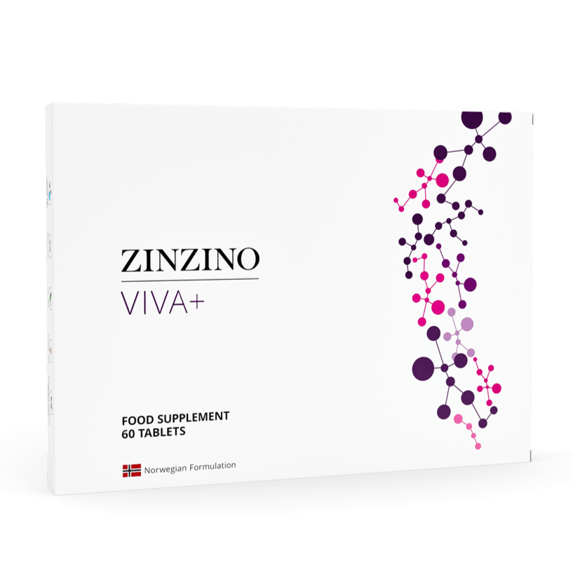Zinzino Viva+ supplement bottle with 60 tablets, showing the product packaging and label on a white background.