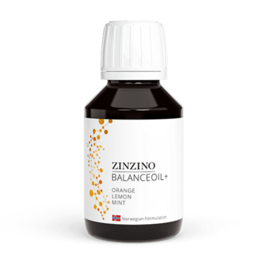 Zinzino BalanceOil+ Orange Lemon Mint 100ml Omega 3 supplement bottle with orange, lemon, and mint flavor label