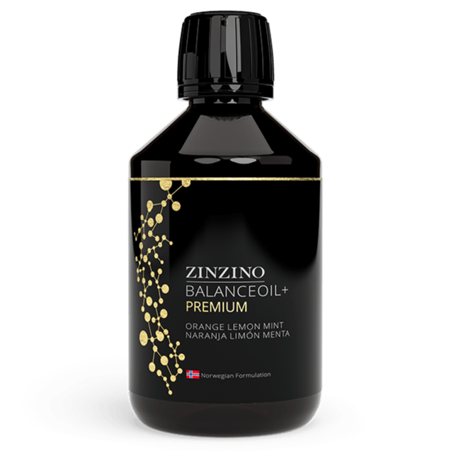 Zinzino BalanceOil+ Premium omega-3 supplement bottle, 300 ml, with a modern label design and dropper cap.