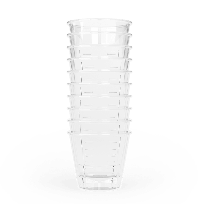 Set of 10 Zinzino dosage cups, accessory for measuring liquids, with clear measurement markings and durable plastic construction.