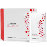 Zinzino LeanShake strawberry protein powder pack with 16 individual 30g servings, shown in a large, colorful image.