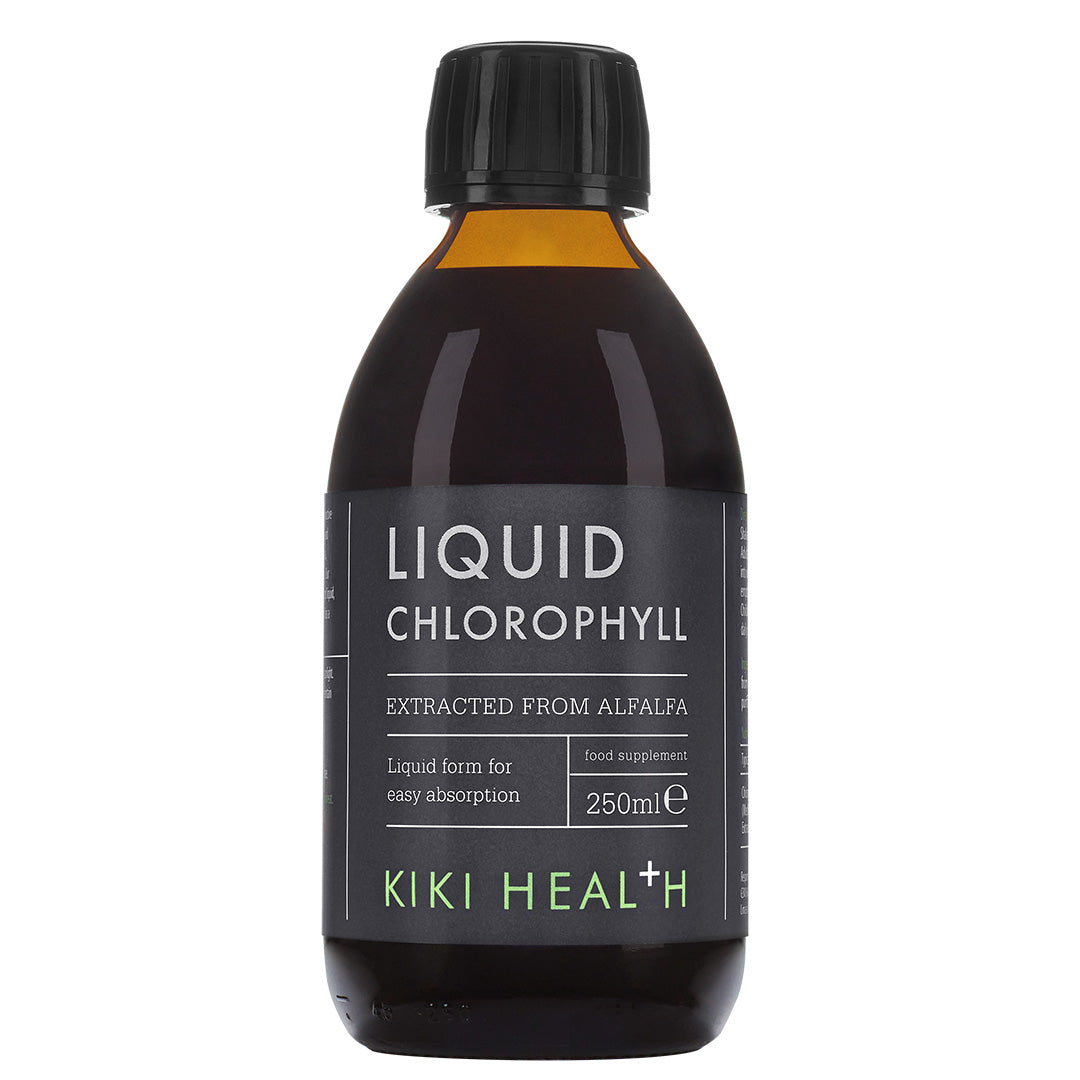 Herbalistas Kiki Health Liquid Chlorophyll supplement in a 250ml bottle with a clear front label, showcasing the product.