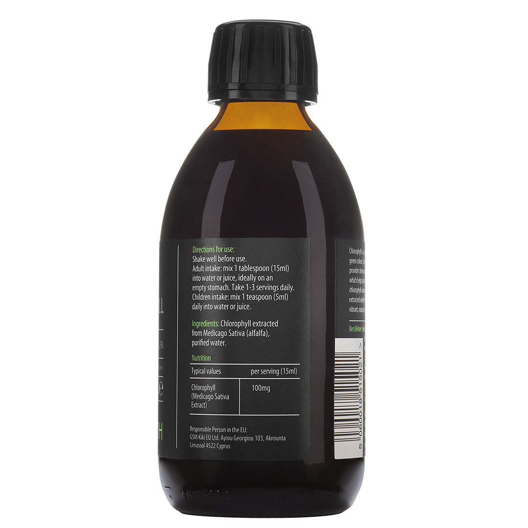 Herbalistas Kiki Health Liquid Chlorophyll supplement in a 250ml bottle with a dropper, showing the side view of the product.