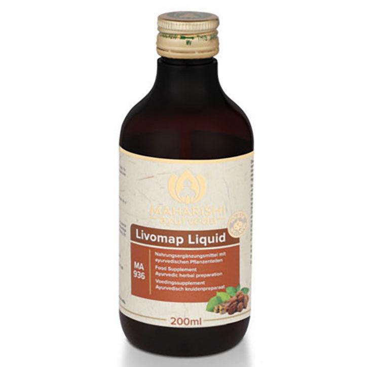 Herbalistas Maharishi Ayurveda Livomap Liquid supplement in a 200ml bottle, featuring a natural herbal formula for liver support.