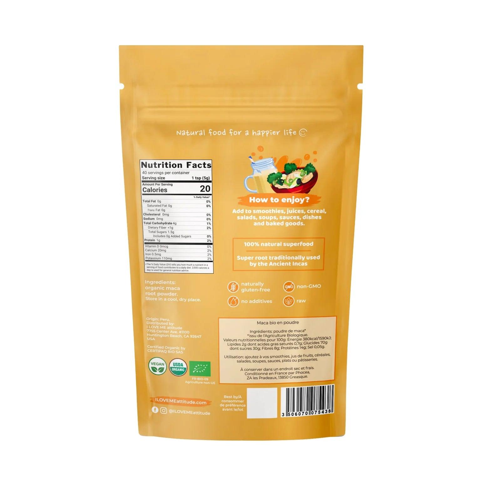 Organic ILOVE ME Maca Powder supplement in a 200g bag, showing the product packaging with the label and branding.