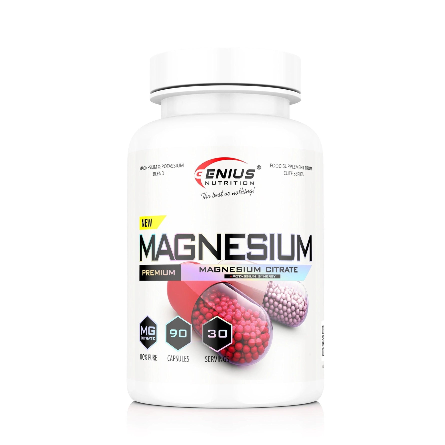 Genius Nutrition Magnesium supplement bottle with 90 capsules, showing the label and product details.