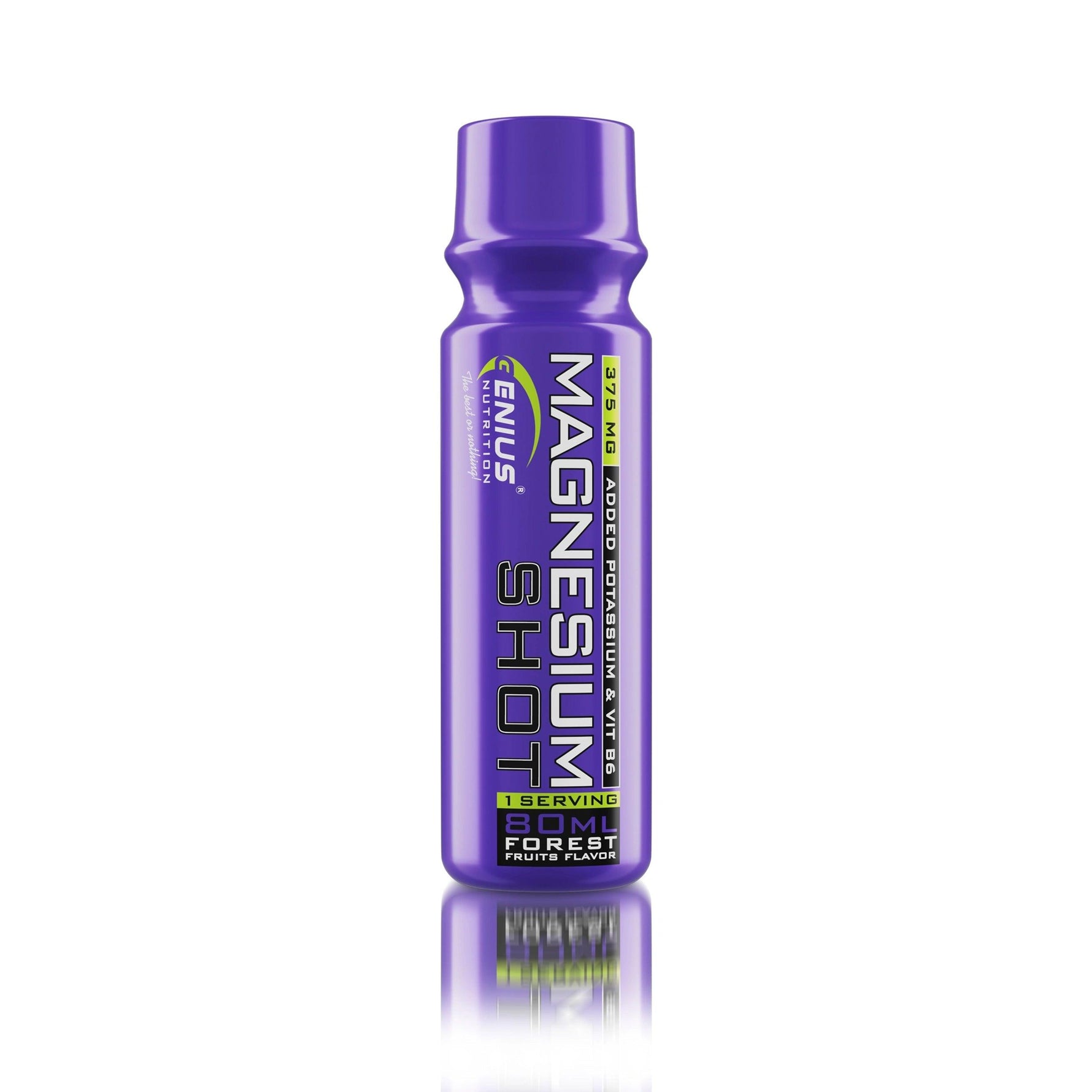 Genius Nutrition Magnesium Shot 80ml supplement with forest fruits flavor, showing the white bottle and vibrant fruit images.