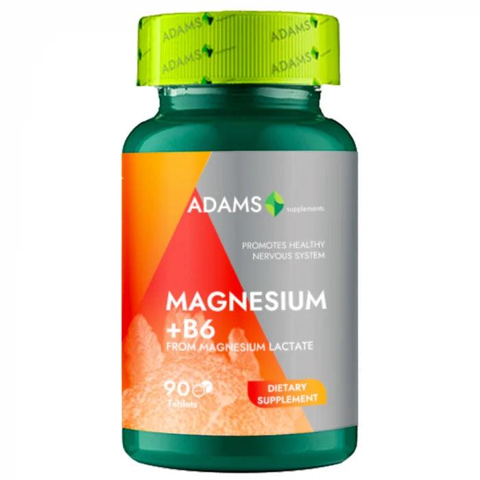 Adams Supplements Magnesium + B6 supplement in a bottle of 90 tablets, featuring white and green packaging and capsules inside.