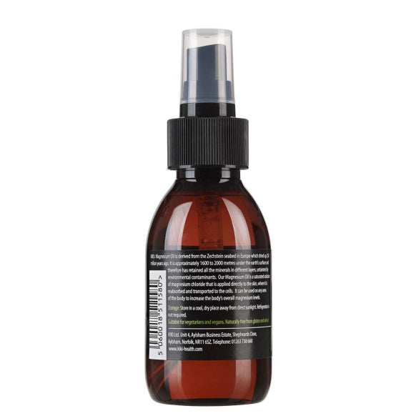 Herbalistas Kiki Health Magnesium Oil Spray 125ml bottle with spray nozzle, showing the back label and product details.