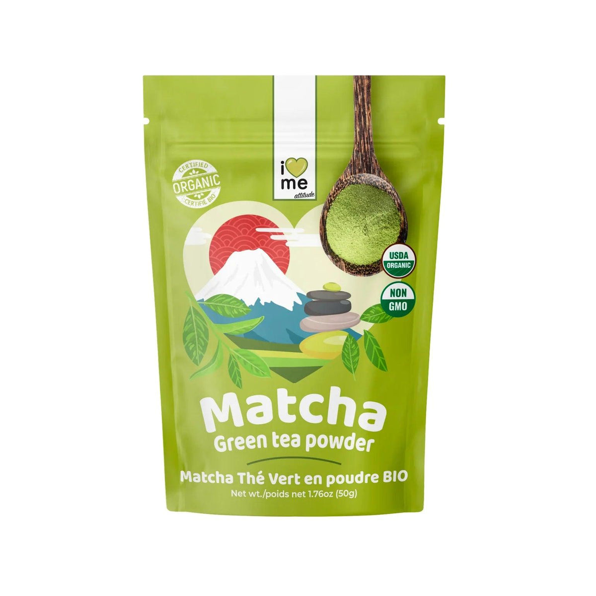 Organic I LOVE ME Matcha green tea powder in a 50g package, vibrant green powder for traditional tea or culinary use.