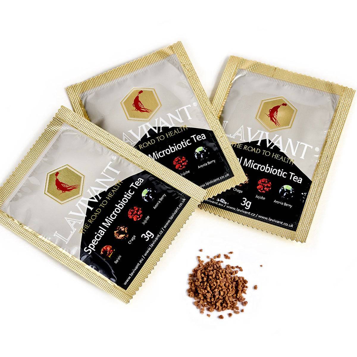 Box of Lavivant Korean Red Ginseng Microbiotic Tea sachets with Reishi, Chaga, Jujube, and Aronia, 20 individual servings.
