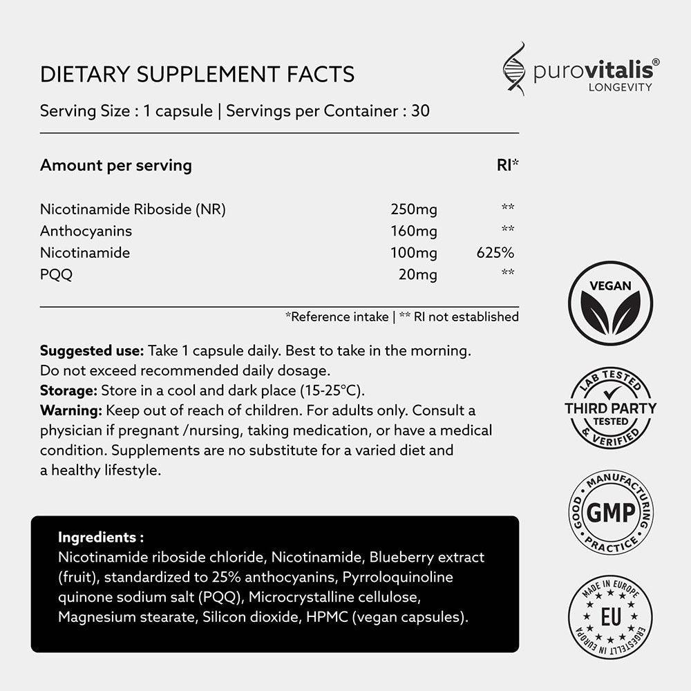 Herbalistas Purovitalis NAD+ Booster supplement capsules with ingredients displayed in the image.