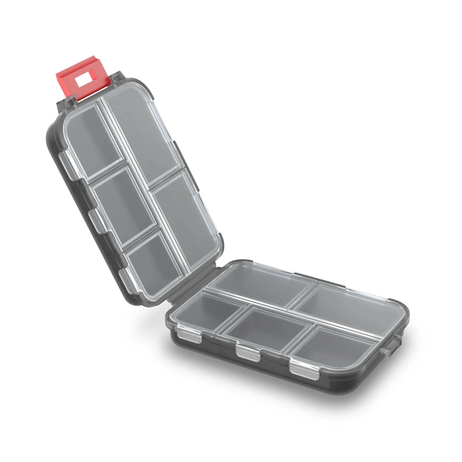 Open white pill box by Genius Nutrition with six compartments for organizing pills, compact accessory for daily medication.