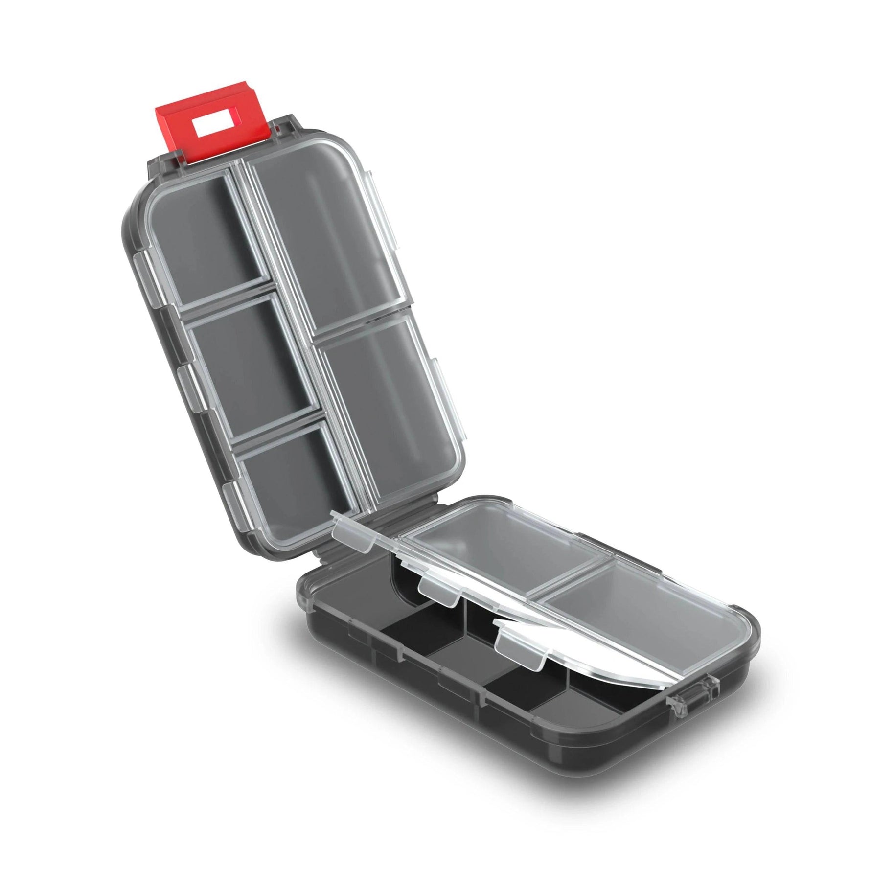 Open white Genius Nutrition pill box with six compartments, compact accessory for organizing pills and supplements.