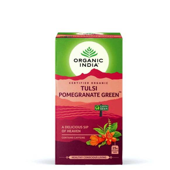 Organic India BIO Tulsi Pomegranate Green Tea infusion bags, fresh green tea with pomegranate and tulsi leaves.