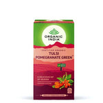 Organic India BIO Tulsi Pomegranate Green Tea infusion bags, fresh green tea with pomegranate and tulsi leaves.